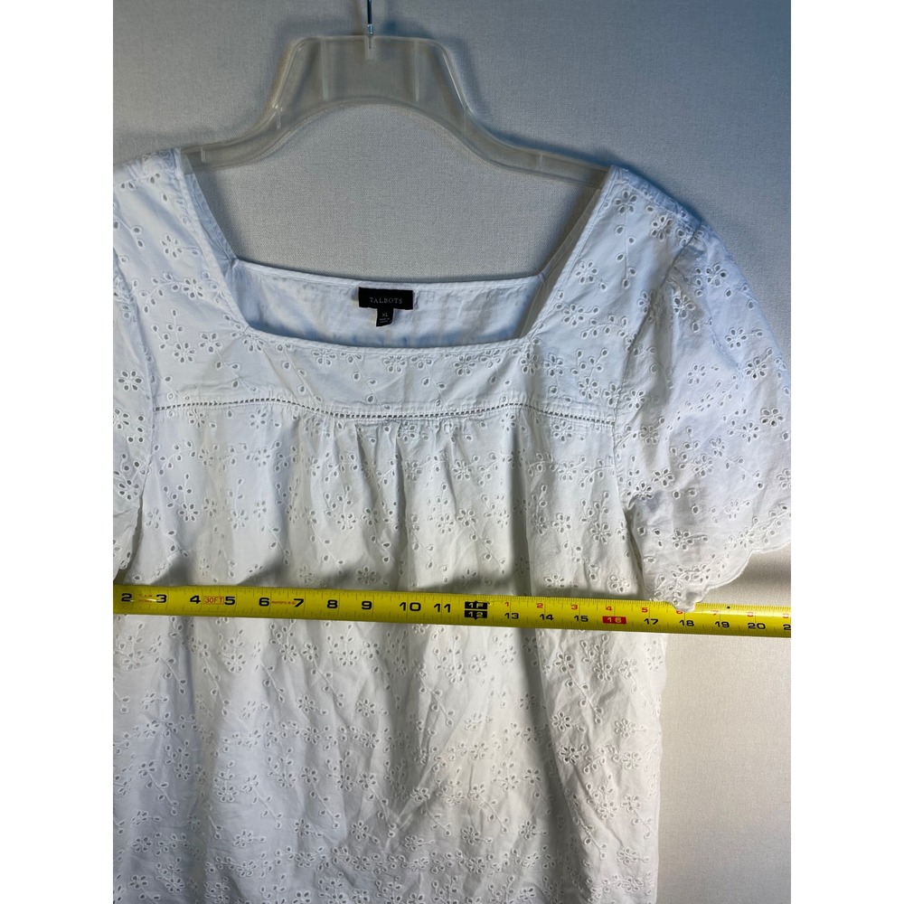 Talbots White Floral Eyelet Square Neck Short Sleeve Blouse XL Cotton Boho Top - Picture 4 of 7